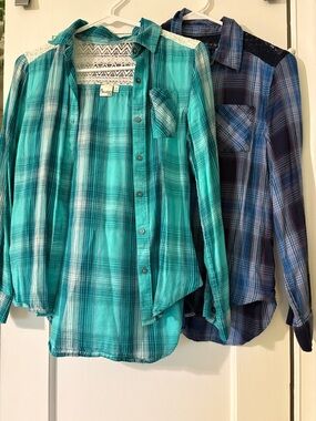 Plaid Button-Up Shirts with Lace Yoke